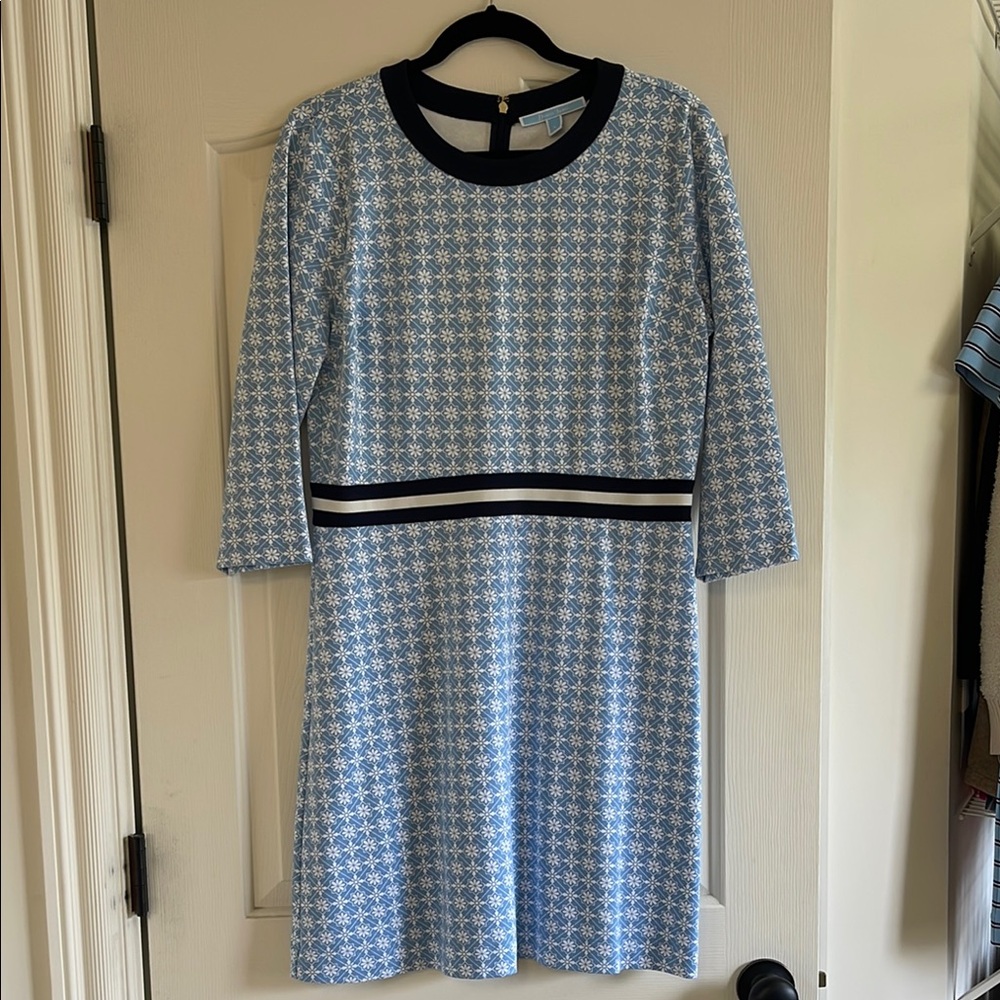 Draper James Blue and White A-Line Dress with 3/4 Sleeves